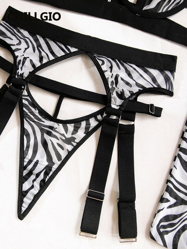 CHILLGIO Ženski grudnjak s printom zebre Kratki odijela Seksi pripijeni intimni erotski donji veš Četverodijelni prozirni kompleti donjeg rublja Push Up