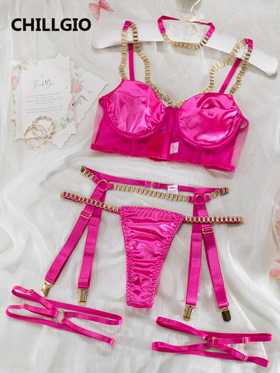 CHILLGIO Ženski seksi satenski grudnjak Kratki kompleti Fashion Club Push Up donje rublje s uskim ulošcima Erotsko jednobojno intimno donje rublje