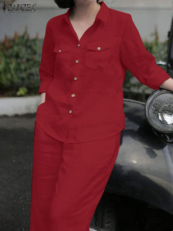 ZANZEA női elegáns hajtóka nyakú hosszú ujjú ing nadrág szettek 2 DB divat őszi ruhák szolid munka OL nadrág öltöny tréningruha