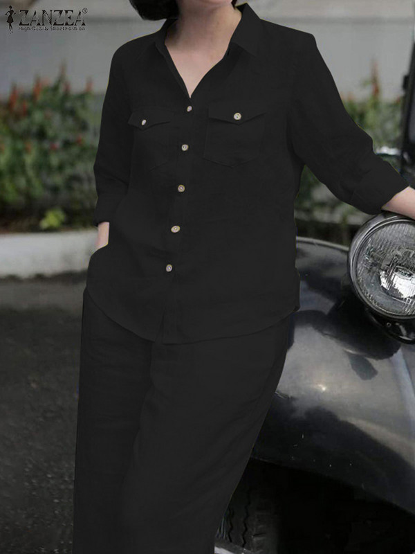 ZANZEA női elegáns hajtóka nyakú hosszú ujjú ing nadrág szettek 2 DB divat őszi ruhák szolid munka OL nadrág öltöny tréningruha