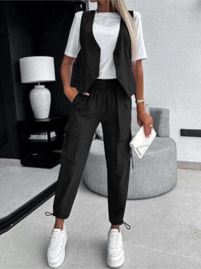 Divat, alkalmi csíkos, nyomott mellény öltöny Női Új nyári V-nyakú gombos felső zseb, bő nadrág ruhák Kétrészes női öltöny