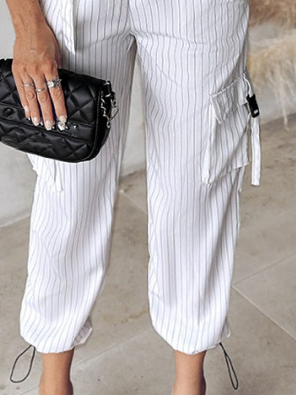 Divat, alkalmi csíkos, nyomott mellény öltöny Női Új nyári V-nyakú gombos felső zseb, bő nadrág ruhák Kétrészes női öltöny