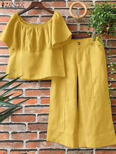 Ljetni ženski odgovarajući kompleti ZANZEA 2PCS Elegantna bluza kratkih rukava Hlače širokih nogavica Fasahion OL Radni kompleti hlača Trenirke za odmor