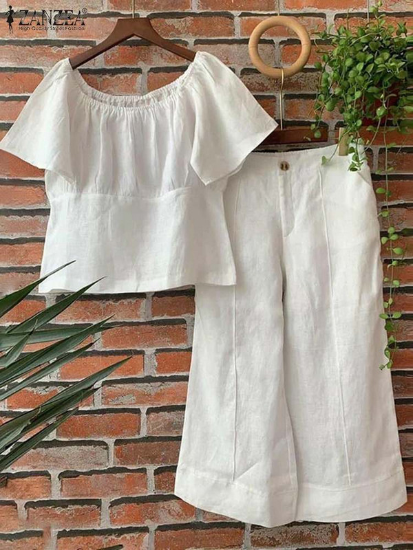 Ljetni ženski odgovarajući kompleti ZANZEA 2PCS Elegantna bluza kratkih rukava Hlače širokih nogavica Fasahion OL Radni kompleti hlača Trenirke za odmor
