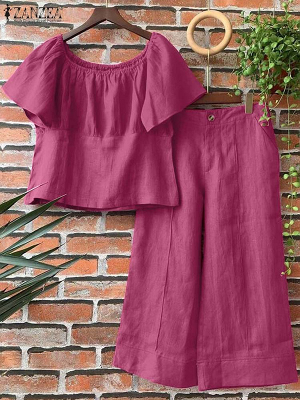 Ljetni ženski odgovarajući kompleti ZANZEA 2PCS Elegantna bluza kratkih rukava Hlače širokih nogavica Fasahion OL Radni kompleti hlača Trenirke za odmor