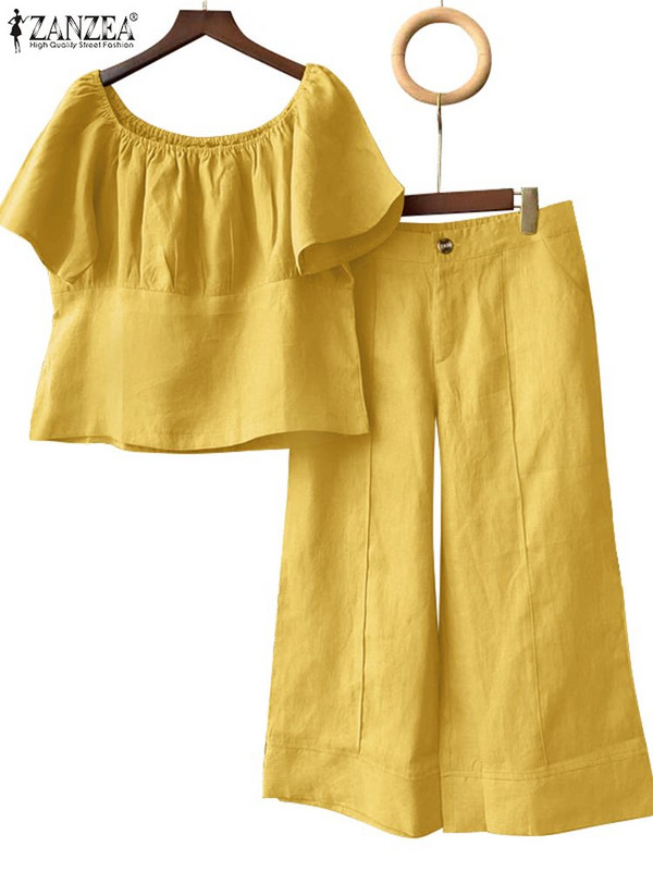 Ljetni ženski odgovarajući kompleti ZANZEA 2PCS Elegantna bluza kratkih rukava Hlače širokih nogavica Fasahion OL Radni kompleti hlača Trenirke za odmor