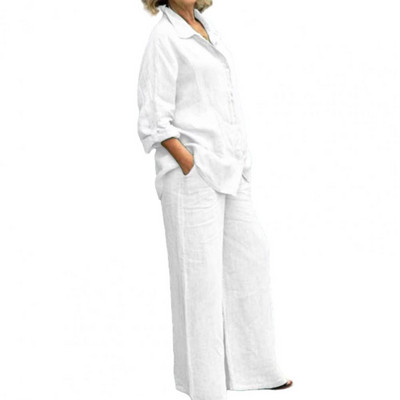 Ziemas sieviešu rudens krekls ar atlokiem, divi gabaliņi, vintage, vienkrāsains, pogām blūze ar garām piedurknēm + brīvas, taisnas bikses, ikdienas uzvalki