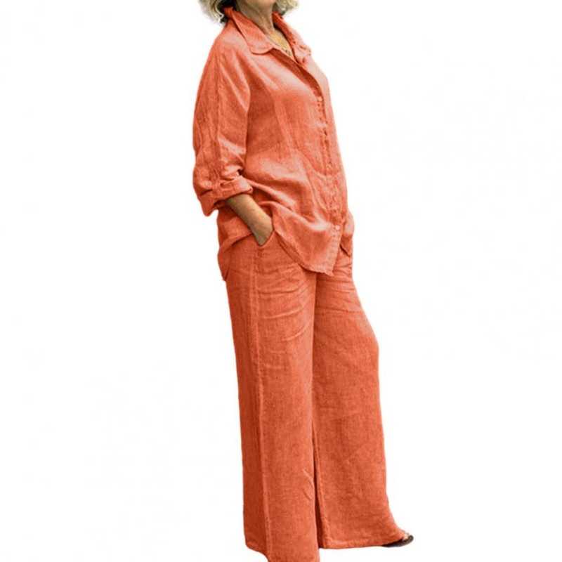 Ziemas sieviešu rudens krekls ar atlokiem, divi gabaliņi, vintage, vienkrāsains, pogām blūze ar garām piedurknēm + brīvas, taisnas bikses, ikdienas uzvalki