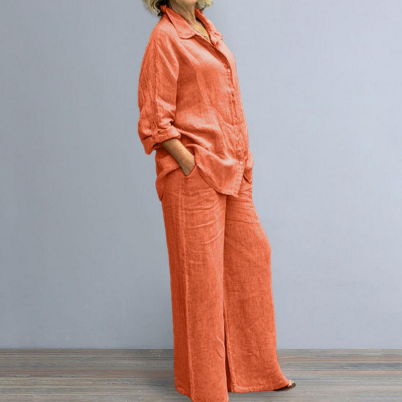 Ziemas sieviešu rudens krekls ar atlokiem, divi gabaliņi, vintage, vienkrāsains, pogām blūze ar garām piedurknēm + brīvas, taisnas bikses, ikdienas uzvalki