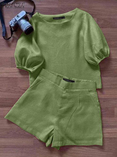 Vintage ar īsām piedurknēm blūzes bikses, kostīmi 2024. gada ZANZEA vasaras īsie komplekti Sieviešu modes treniņtērpa divdaļīgie komplekti Sieviešu tērpi