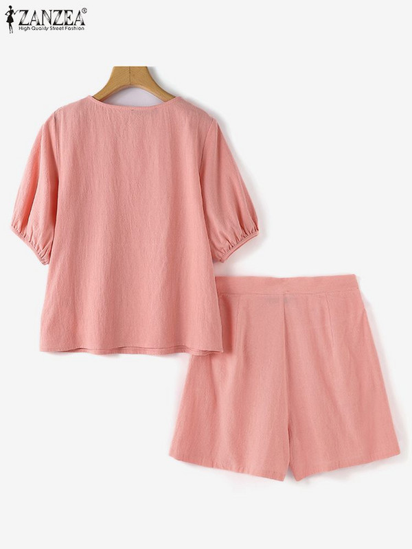 Vintage ar īsām piedurknēm blūzes bikses, kostīmi 2024. gada ZANZEA vasaras īsie komplekti Sieviešu modes treniņtērpa divdaļīgie komplekti Sieviešu tērpi