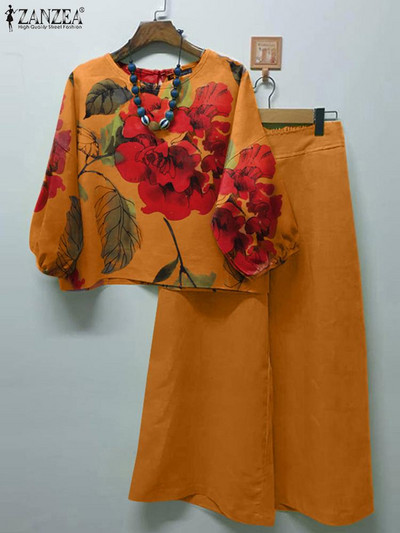 ZANZEA Vintage ar ziediem apdrukāta blūzes bikšu komplekti divdaļīgi Bohēmijas platas bikses kostīmi treniņtērps vasaras sieviešu tērpi