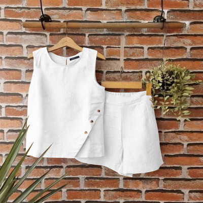 Laisvi, laisvi berankoviai sportbačiai ir šortai ZANZEA moteriški vasariniai 2 vnt trumpi rinkiniai Madingi solidūs sportiniai kostiumai, seksualūs kišeniniai kostiumai