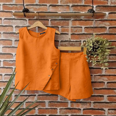 Laisvi, laisvi berankoviai sportbačiai ir šortai ZANZEA moteriški vasariniai 2 vnt trumpi rinkiniai Madingi solidūs sportiniai kostiumai, seksualūs kišeniniai kostiumai