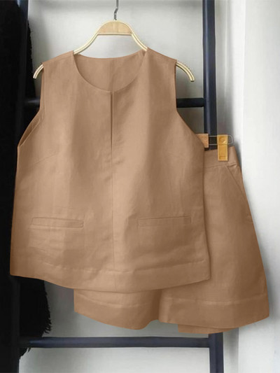 Laisvi, laisvi berankoviai sportbačiai ir šortai ZANZEA moteriški vasariniai 2 vnt trumpi rinkiniai Madingi solidūs sportiniai kostiumai, seksualūs kišeniniai kostiumai