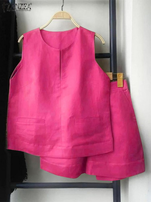 Laisvi, laisvi berankoviai sportbačiai ir šortai ZANZEA moteriški vasariniai 2 vnt trumpi rinkiniai Madingi solidūs sportiniai kostiumai, seksualūs kišeniniai kostiumai