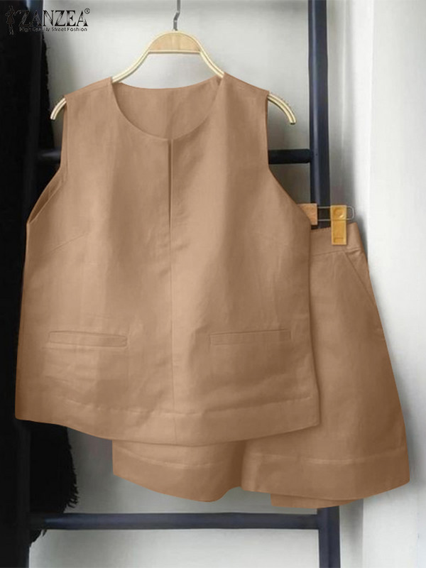 Laisvi, laisvi berankoviai sportbačiai ir šortai ZANZEA moteriški vasariniai 2 vnt trumpi rinkiniai Madingi solidūs sportiniai kostiumai, seksualūs kišeniniai kostiumai