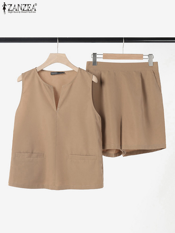 Laisvi, laisvi berankoviai sportbačiai ir šortai ZANZEA moteriški vasariniai 2 vnt trumpi rinkiniai Madingi solidūs sportiniai kostiumai, seksualūs kišeniniai kostiumai
