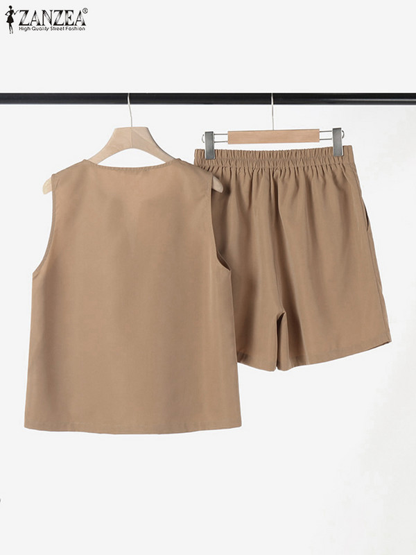 Laisvi, laisvi berankoviai sportbačiai ir šortai ZANZEA moteriški vasariniai 2 vnt trumpi rinkiniai Madingi solidūs sportiniai kostiumai, seksualūs kišeniniai kostiumai
