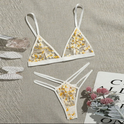 Seksualus jausmingas apatinis trikotažas moterims Puošnus nėrinių komplektas Moteris 2 dalių permatomas apatinis siuvinėjimas Erotinė liemenėlė ir kelnaitės S-XXL