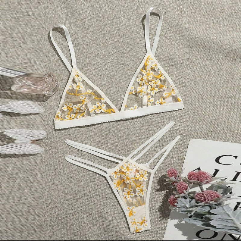 Seksualus jausmingas apatinis trikotažas moterims Puošnus nėrinių komplektas Moteris 2 dalių permatomas apatinis siuvinėjimas Erotinė liemenėlė ir kelnaitės S-XXL