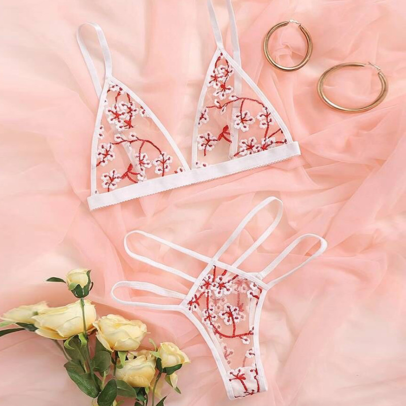 Seksualus jausmingas apatinis trikotažas moterims Puošnus nėrinių komplektas Moteris 2 dalių permatomas apatinis siuvinėjimas Erotinė liemenėlė ir kelnaitės S-XXL