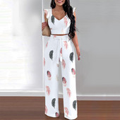 Femei Vară Casual Top fără mâneci Pantaloni lungi Două bucăți Imprimat Volane Anserate Pantaloni largi cu picioare largi Set de costum Alb Negru