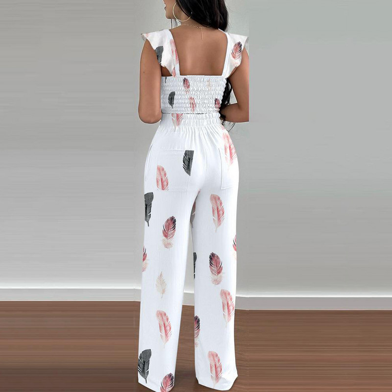 Femei Vară Casual Top fără mâneci Pantaloni lungi Două bucăți Imprimat Volane Anserate Pantaloni largi cu picioare largi Set de costum Alb Negru