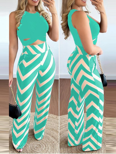 Proljeće ljeto Nova kratka majica bez rukava Žensko odijelo Modne hlače s printom Slim Slim Jednostavan Elegantni ženski uredski set od 2 komada