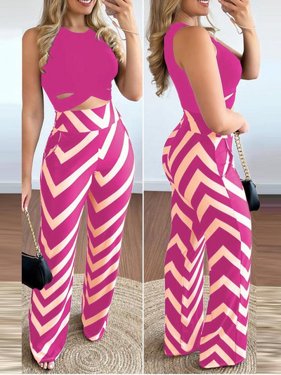 Proljeće ljeto Nova kratka majica bez rukava Žensko odijelo Modne hlače s printom Slim Slim Jednostavan Elegantni ženski uredski set od 2 komada