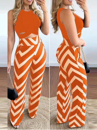 Proljeće ljeto Nova kratka majica bez rukava Žensko odijelo Modne hlače s printom Slim Slim Jednostavan Elegantni ženski uredski set od 2 komada