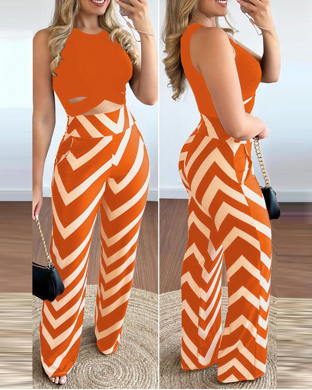 Proljeće ljeto Nova kratka majica bez rukava Žensko odijelo Modne hlače s printom Slim Slim Jednostavan Elegantni ženski uredski set od 2 komada