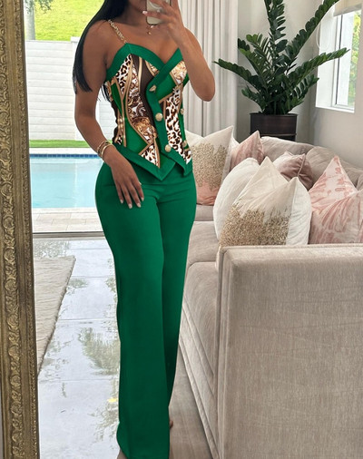 Sieviešu bikšu komplekts, 2 daļīgs, jauns, moderns vasaras gadījuma šalles leoparda apdruka ar divrindu Cami top un brīvu taisnu kāju bikšu komplekts