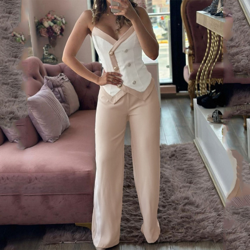 Sieviešu bikšu komplekts, 2 daļīgs, jauns, moderns vasaras gadījuma šalles leoparda apdruka ar divrindu Cami top un brīvu taisnu kāju bikšu komplekts