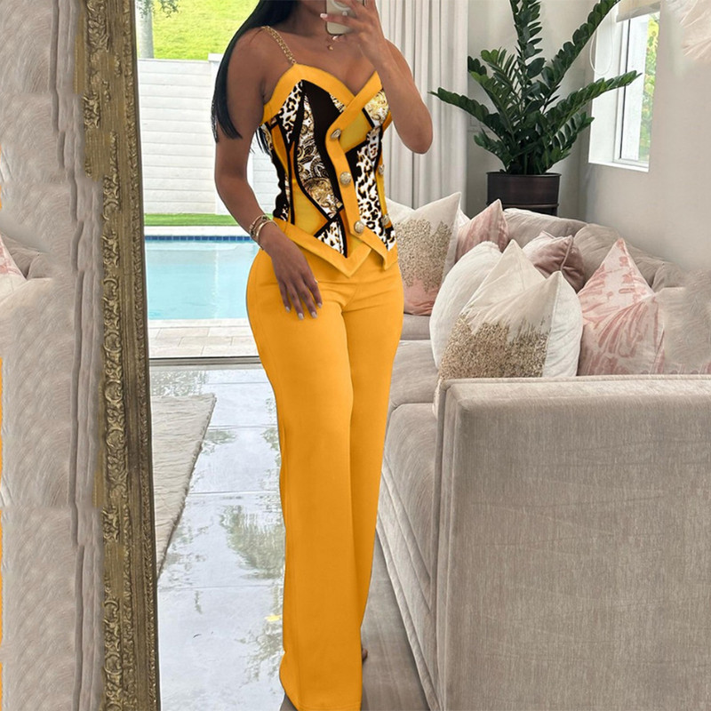 Sieviešu bikšu komplekts, 2 daļīgs, jauns, moderns vasaras gadījuma šalles leoparda apdruka ar divrindu Cami top un brīvu taisnu kāju bikšu komplekts