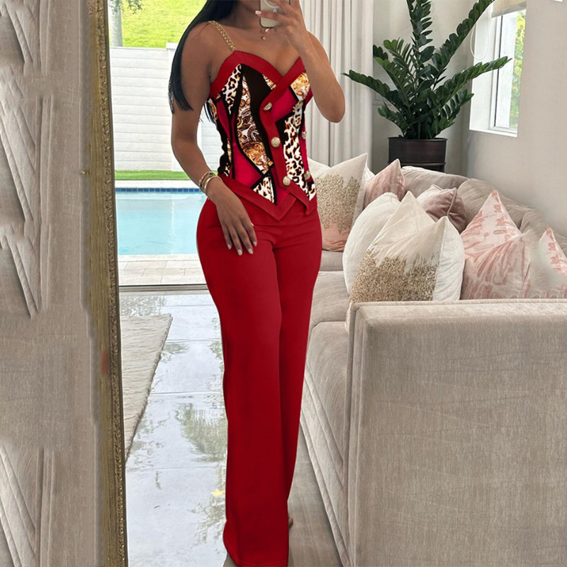 Sieviešu bikšu komplekts, 2 daļīgs, jauns, moderns vasaras gadījuma šalles leoparda apdruka ar divrindu Cami top un brīvu taisnu kāju bikšu komplekts