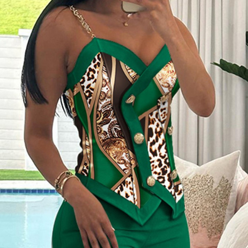 Sieviešu bikšu komplekts, 2 daļīgs, jauns, moderns vasaras gadījuma šalles leoparda apdruka ar divrindu Cami top un brīvu taisnu kāju bikšu komplekts