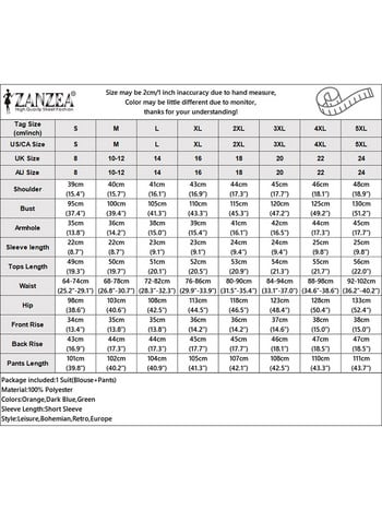 2024 ZANZEA Женски ежедневен плътен костюм Модни комплекти за улично съвпадение Блуза с къс ръкав и О-образно деколте Панталони с широки крачоли Ретро OL облекла