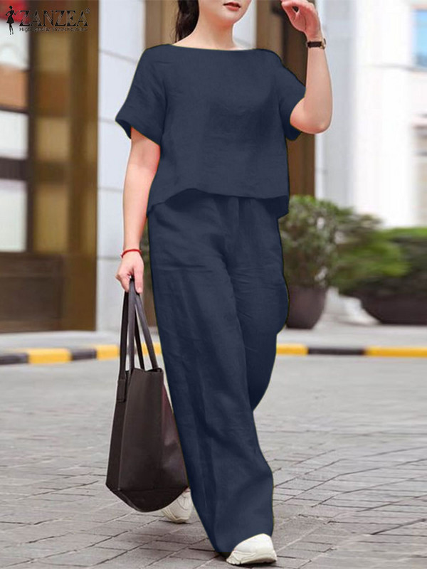 2024. gads. ZANZEA sieviete, ikdienišķs, vienkrāsains uzvalks, moderns ielas pieskaņots komplekts ar īsām piedurknēm, blūze ar O veida kakla izgriezumu, platas bikses, vintage OL tērpi