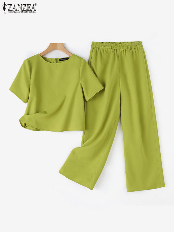 2024. gads. ZANZEA sieviete, ikdienišķs, vienkrāsains uzvalks, moderns ielas pieskaņots komplekts ar īsām piedurknēm, blūze ar O veida kakla izgriezumu, platas bikses, vintage OL tērpi