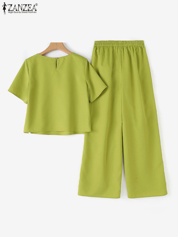 2024. gads. ZANZEA sieviete, ikdienišķs, vienkrāsains uzvalks, moderns ielas pieskaņots komplekts ar īsām piedurknēm, blūze ar O veida kakla izgriezumu, platas bikses, vintage OL tērpi