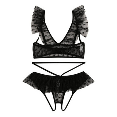 S-3XL 2021, nou set de lenjerie sexy neagră, set de sutien pentru femei, mărime mare, dantelă, cu buline, sutien de lenjerie cu buline, cu picioare deschise, set de lenjerie intima tanga