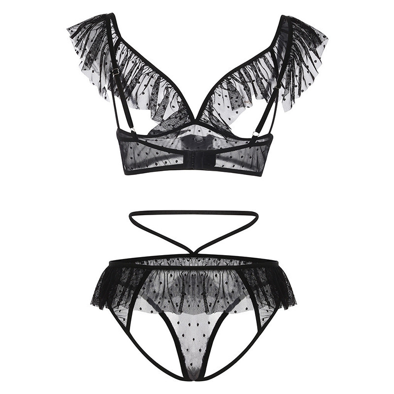 S-3XL 2021, nou set de lenjerie sexy neagră, set de sutien pentru femei, mărime mare, dantelă, cu buline, sutien de lenjerie cu buline, cu picioare deschise, set de lenjerie intima tanga