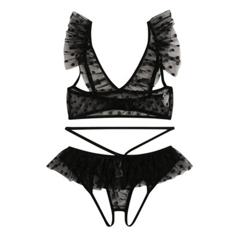 S-3XL 2021, nou set de lenjerie sexy neagră, set de sutien pentru femei, mărime mare, dantelă, cu buline, sutien de lenjerie cu buline, cu picioare deschise, set de lenjerie intima tanga