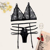 Novi ženski seksi čipkasti grudnjak, spavaćica s tangama i podvezicama, crni komplet donjeg rublja S-XL prozirni ženski komplet donjeg rublja