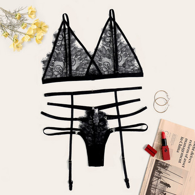 Novi ženski seksi čipkasti grudnjak, spavaćica s tangama i podvezicama, crni komplet donjeg rublja S-XL prozirni ženski komplet donjeg rublja