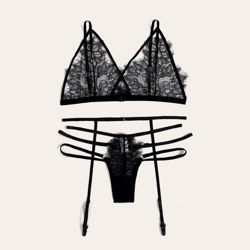 Novi ženski seksi čipkasti grudnjak, spavaćica s tangama i podvezicama, crni komplet donjeg rublja S-XL prozirni ženski komplet donjeg rublja