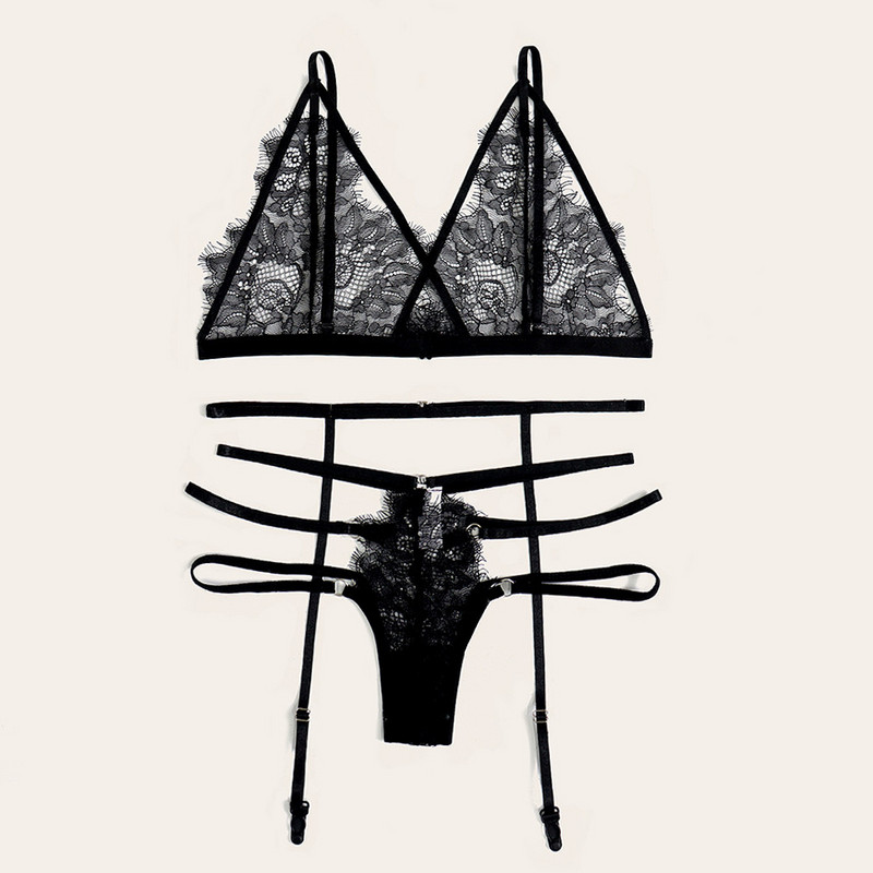 Novi ženski seksi čipkasti grudnjak, spavaćica s tangama i podvezicama, crni komplet donjeg rublja S-XL prozirni ženski komplet donjeg rublja