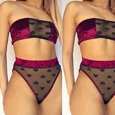 Nouă sosire Lenjerie sexy pentru femei Costume din două piese Cusături plasă cu inimă imprimată Sutien transparent + chiloți Seturi de catifea 2020