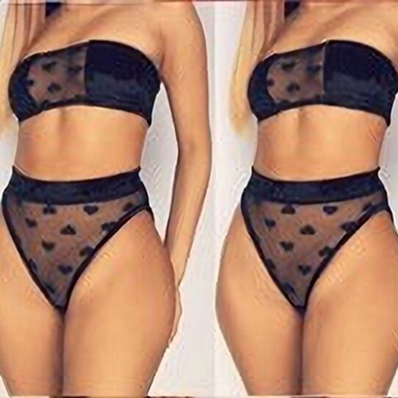Nouă sosire Lenjerie sexy pentru femei Costume din două piese Cusături plasă cu inimă imprimată Sutien transparent + chiloți Seturi de catifea 2020